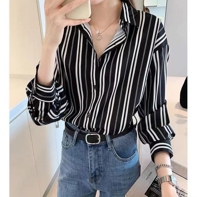 ISSOL-Long Sleeve Collared Striped Shirt