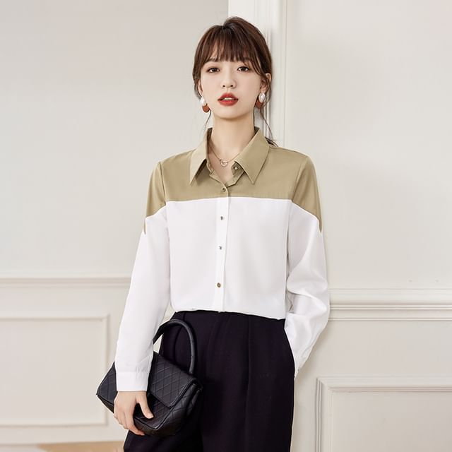 ISSOL-Long Sleeve Collared Two Tone Shirt