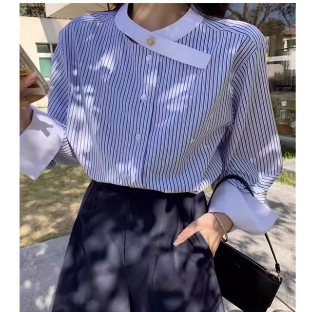 ISSOL-Long-Sleeve Collarless Striped Shirt