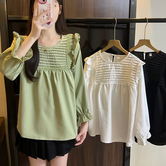 ISSOL-Long Sleeve Crew Neck Plain Pintuck Ruffle Blouse