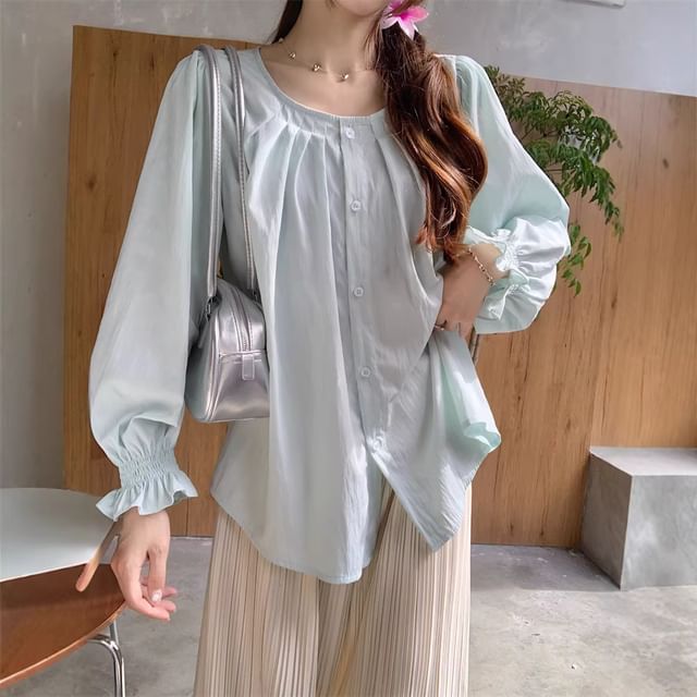 ISSOL-Long-Sleeve Crew Neck Pleated Button-Up Plain Blouse