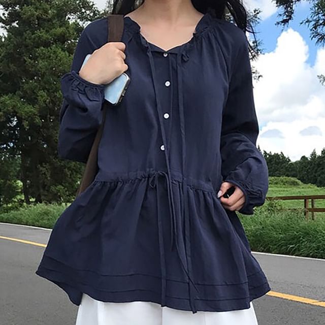 ISSOL-Long-Sleeve Henley Plain Tunic Blouse