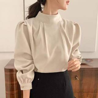 ISSOL-Long-Sleeve Mock Neck Plain Ruched Blouse