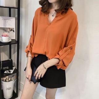 ISSOL-Long-Sleeve Notch Neck Plain Blouse