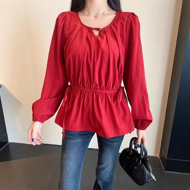 ISSOL-Long-Sleeve Notch Neck Plain Ruched Blouse