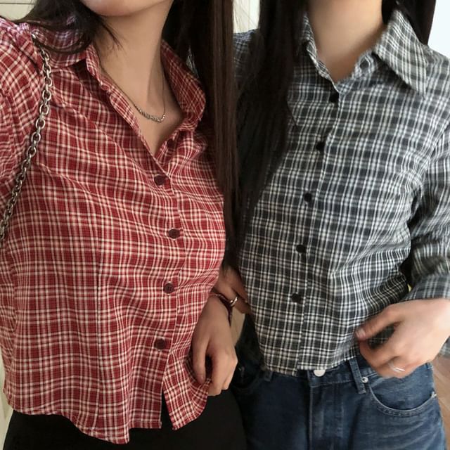 ISSOL-Long-Sleeve Plaid Button-Up Crop Shirt
