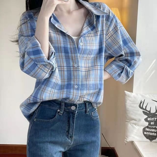 ISSOL-Long-Sleeve Plaid Button-Up Shirt