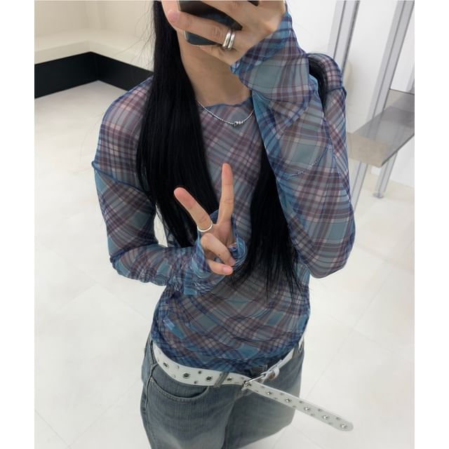 ISSOL-Long-Sleeve Plaid Sheer Top