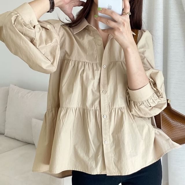 ISSOL-Long-Sleeve Plain Flowy Shirt