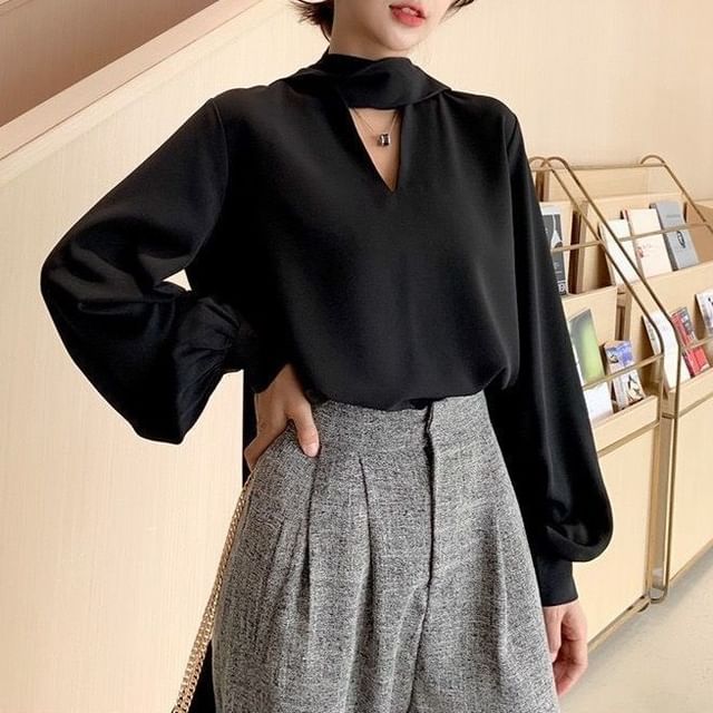 ISSOL-Long Sleeve Plain Sash Blouse