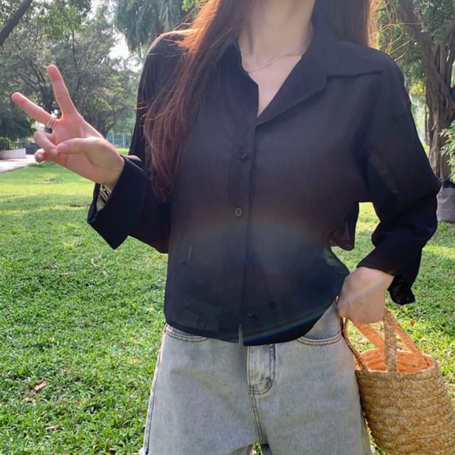 ISSOL-Long-Sleeve Plain Sheer Shirt