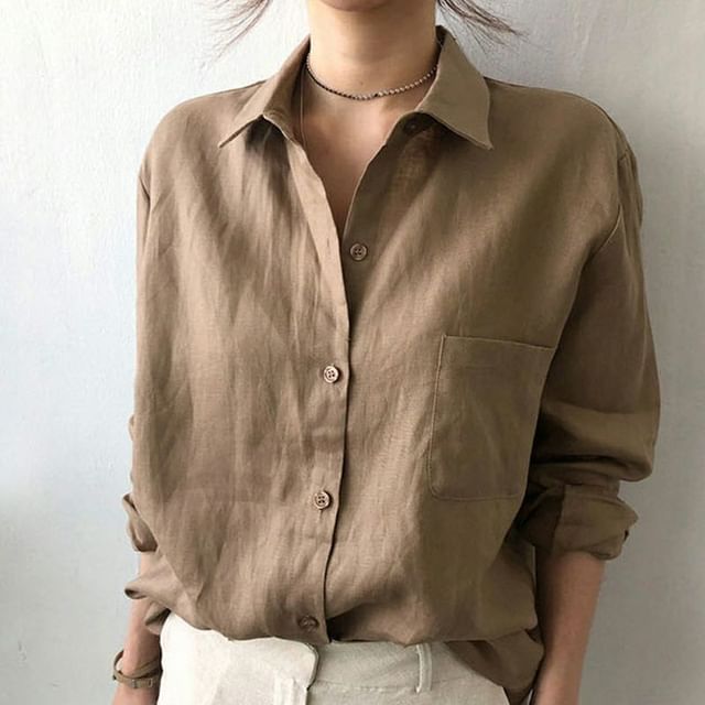 ISSOL-Long-Sleeve Pocketed Plain Shirt