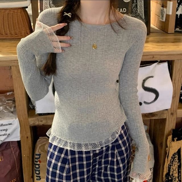 ISSOL-Long-Sleeve Round Neck Plain Ruffle Ribbed Knit Top