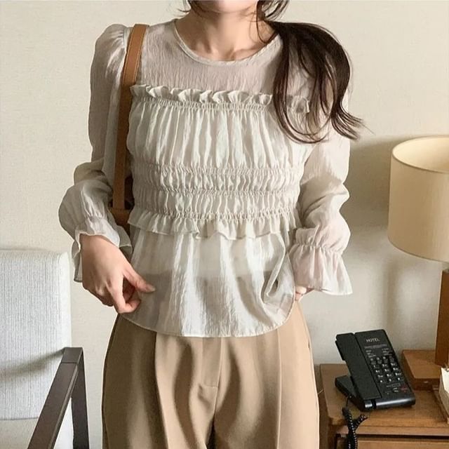 ISSOL-Long-Sleeve Round Neck Plain Ruffle Trim Blouse