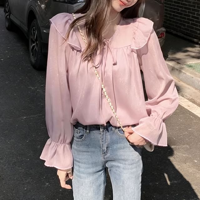 ISSOL-Long-Sleeve Ruffle Plain Blouse
