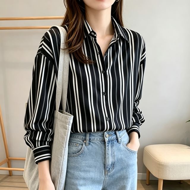 ISSOL-Long-Sleeve Shadow Stripe Button-Up Shirt