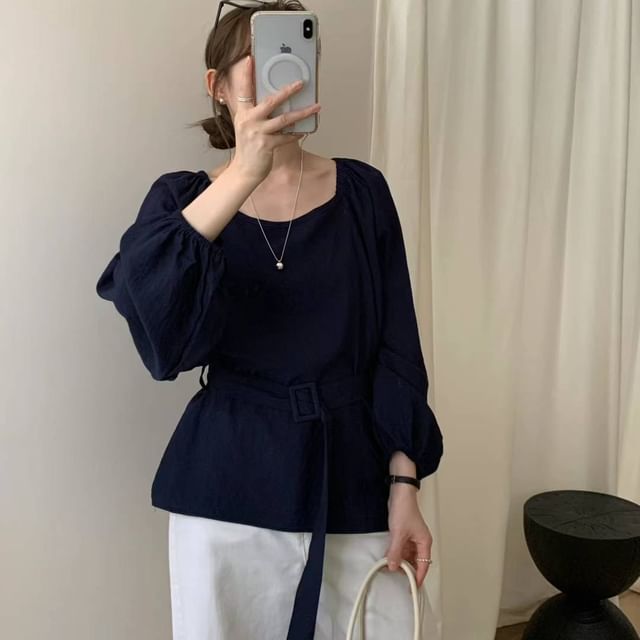 ISSOL-Long-Sleeve Square Neck Plain Buckled Blouse