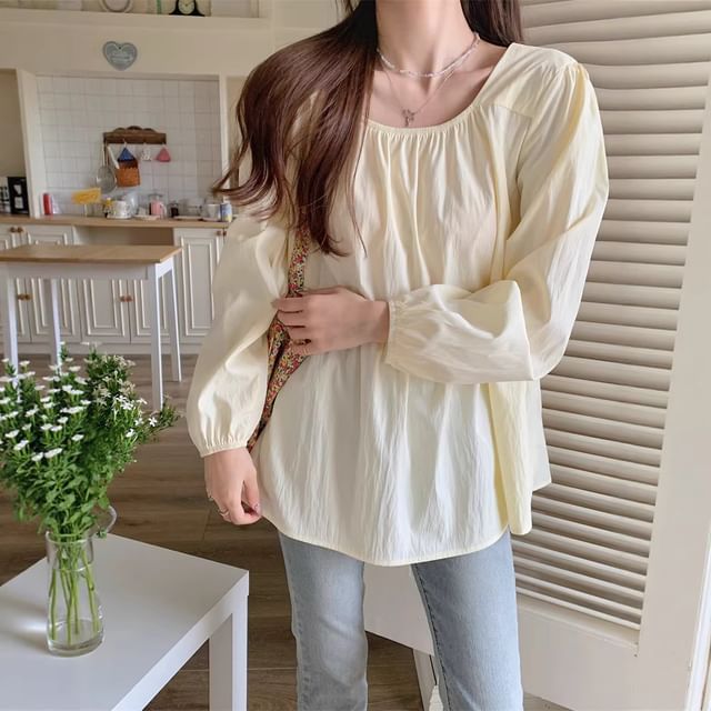 ISSOL-Long-Sleeve Square Neck Plain Ruched Tie Back Blouse