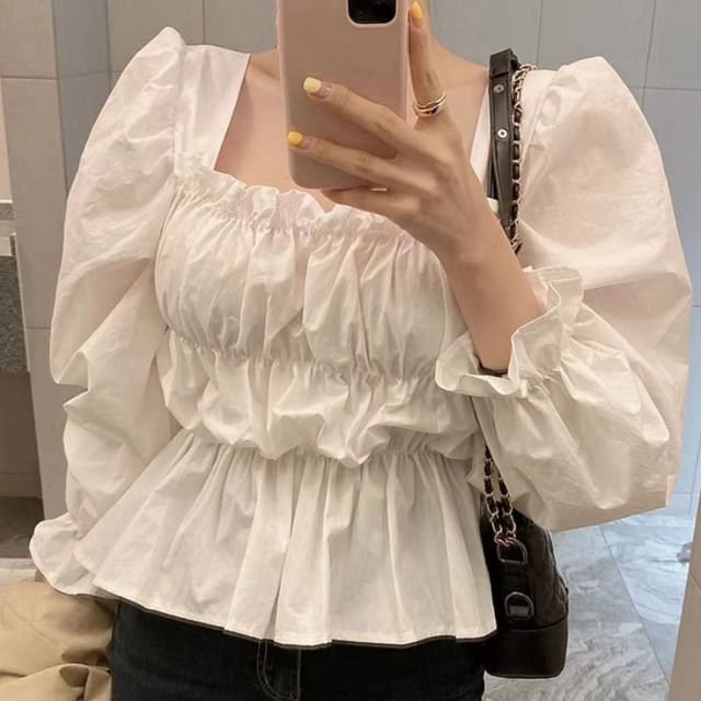 ISSOL-Long-Sleeve Square Neck Smocked Plain Flowy Blouse