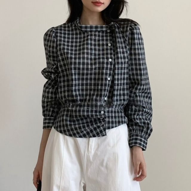 ISSOL-Long-Sleeve Stand Collar Plaid Asymmetrical Ruched Button-Up Blouse