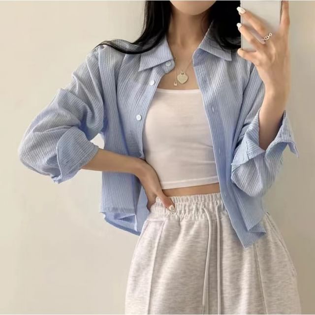 ISSOL-Long-Sleeve Striped Button-Up Shirt