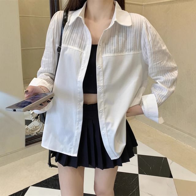 ISSOL-Long-Sleeve Striped Panel Button-Up Shirt