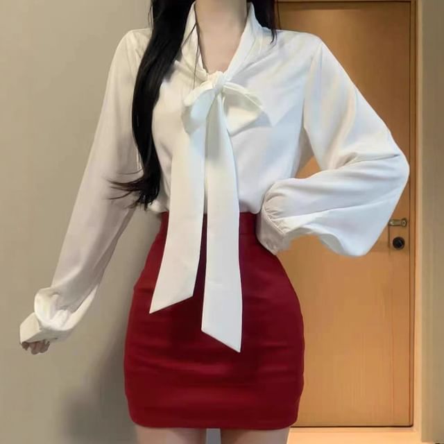ISSOL-Long Sleeve Tie Neck Plain Blouse