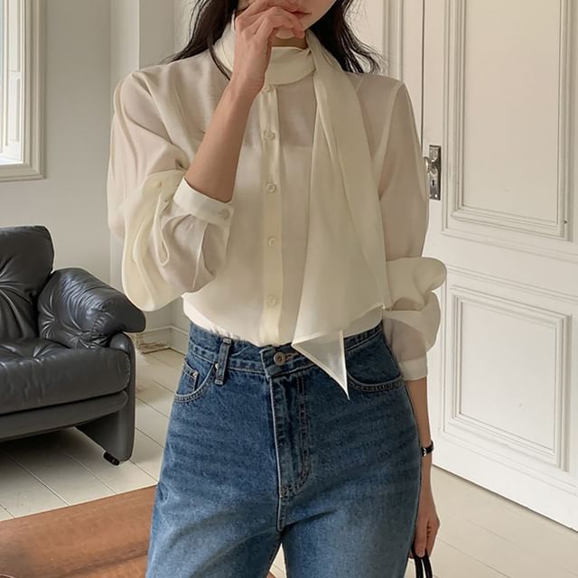 ISSOL-Long-Sleeve Tie Neck Plain Button Up Blouse
