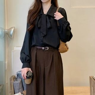 ISSOL-Long-Sleeve Tie-Neck Plain Shirt
