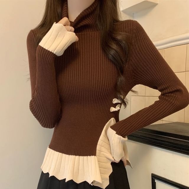 ISSOL-Long-Sleeve Turtleneck Two Tone Asymmetrical Frog Buttoned Knit Top