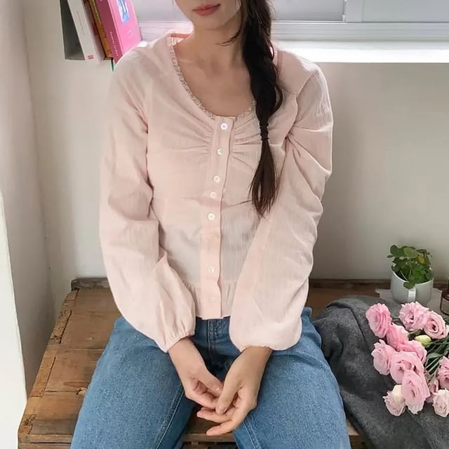 ISSOL-Long-Sleeve V-Neck Button-Up Plain Blouse