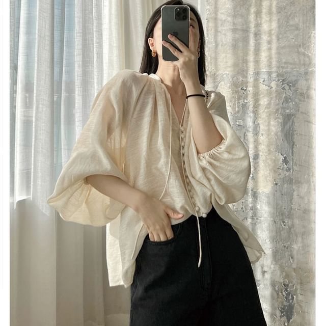 ISSOL-Long-Sleeve V-Neck Linen Top
