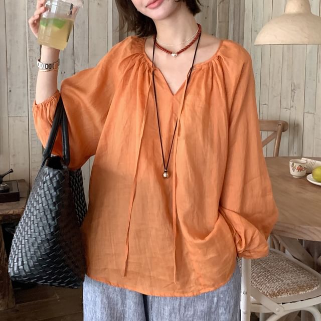 ISSOL-Long-Sleeve V-Neck Plain Blouse