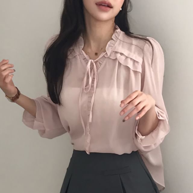 ISSOL-Long-Sleeve V-Neck Plain Ruffle Trim Blouse