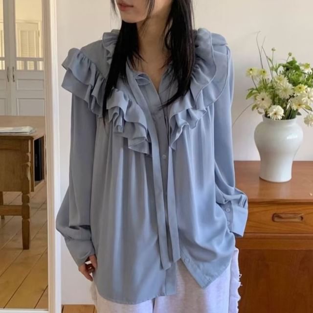 ISSOL-Long-Sleeve V-Neck Plain Ruffle Trim Blouse