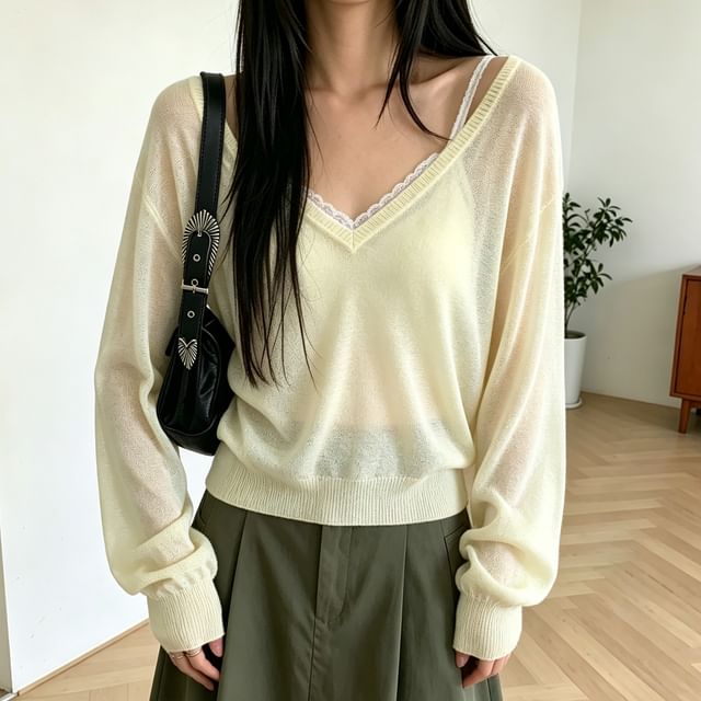 ISSOL-Long-Sleeve V-Neck Plain Sheer Knit Top