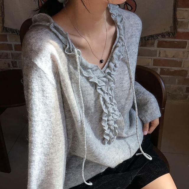 ISSOL-Long-Sleeve V-Neck Ruffle Plain Knit Top