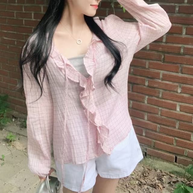 ISSOL-Long-Sleeve V-Neck Ruffle Trim Plaid Blouse