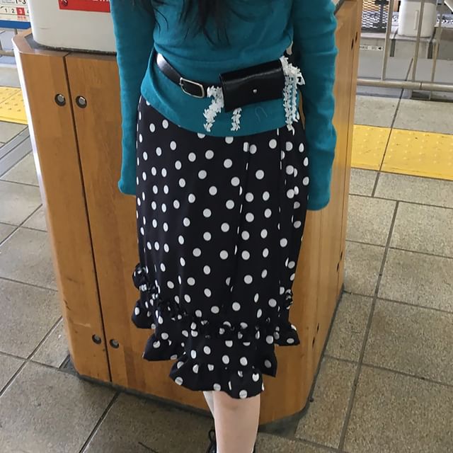 ISSOL-Mid Waist Polka Dot Midi Skirt