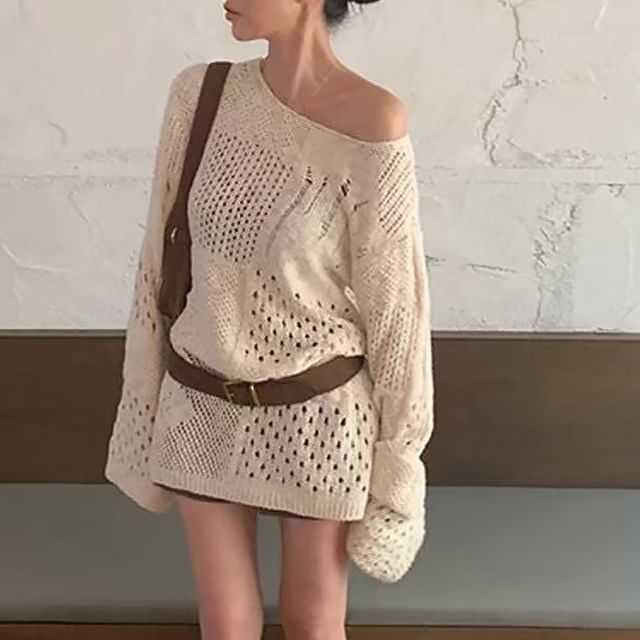 ISSOL-Off Shoulder Perforated Plain Sweater