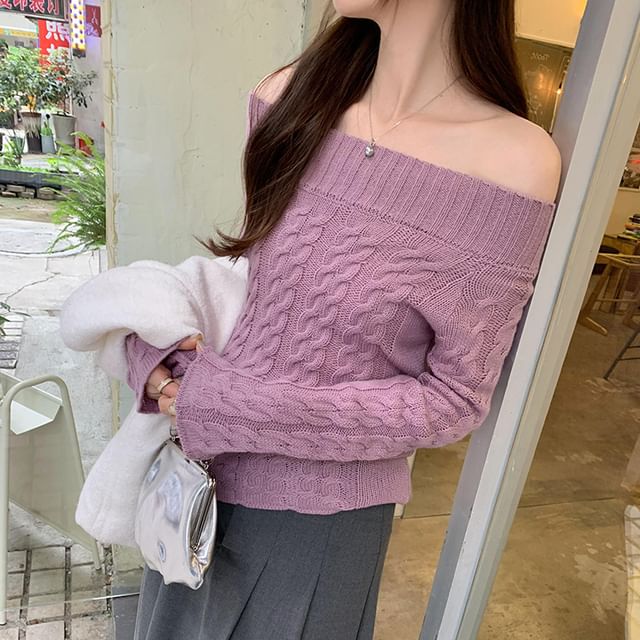 ISSOL-Off Shoulder Plain Cable Knit Sweater