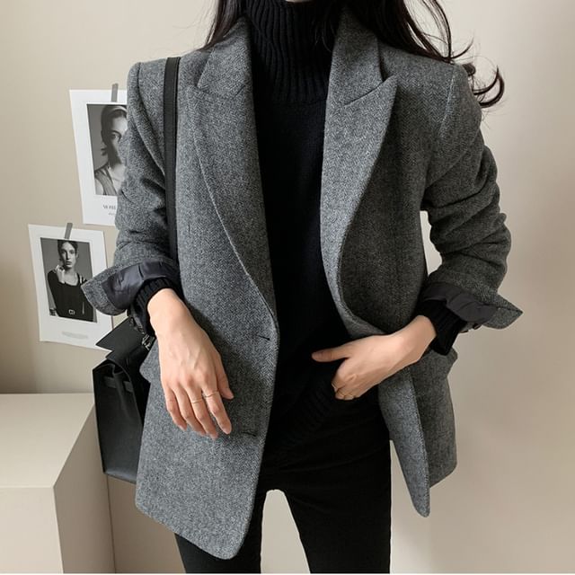 ISSOL-Peak Lapel Herringbone Single Breasted Blazer