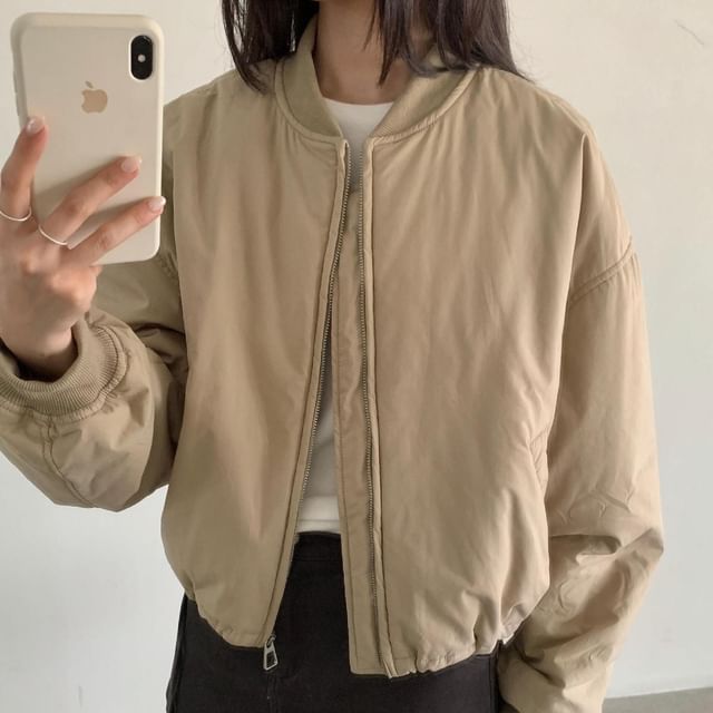 ISSOL-Plain Zip-Up Bomber Jacket