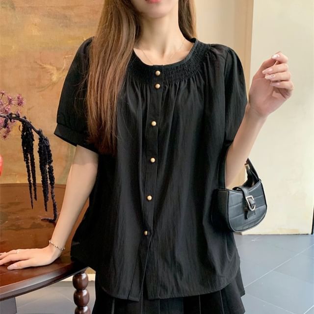 ISSOL-Puff-Sleeve Round Neck Plain Blouse
