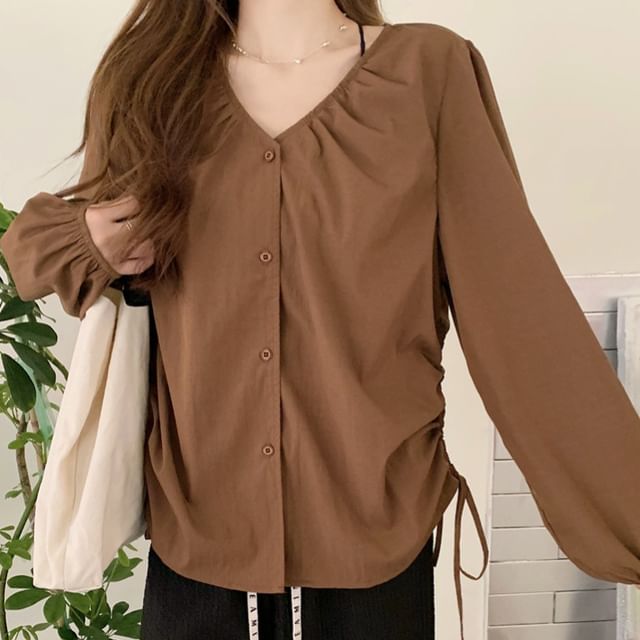 ISSOL-Puff-Sleeve V-Neck Plain Drawstring Shirt