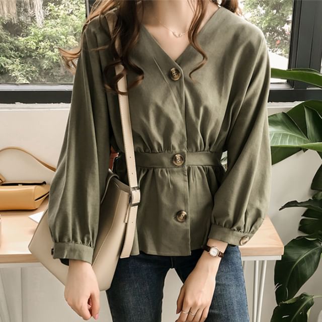 ISSOL-Puff-Sleeve V-Neck Plain Peplum Blouse