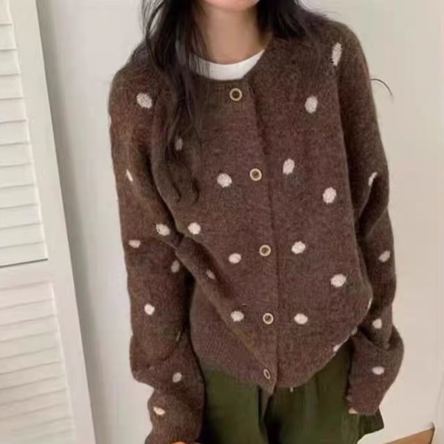 ISSOL-Round Neck Dotted Button Up Cardigan