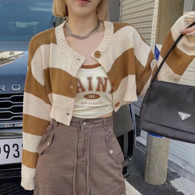 ISSOL-Round Neck Drop Shoulder Striped Crop Cardigan