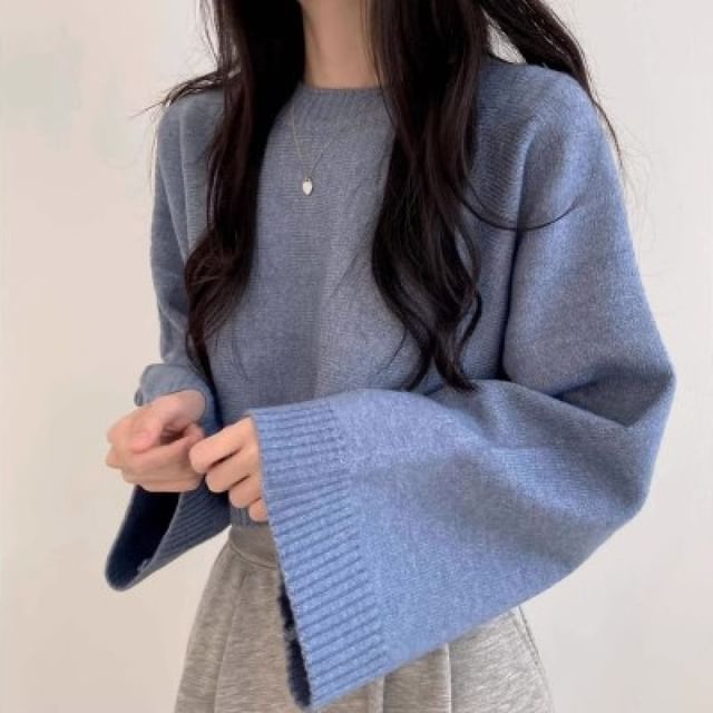 ISSOL-Round Neck Melange Cropped Sweater
