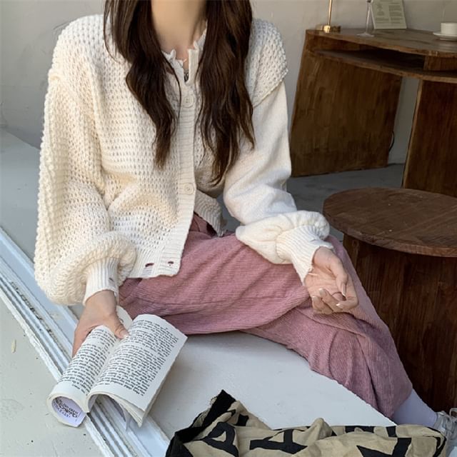 ISSOL-Round Neck Plain Button Up Cardigan